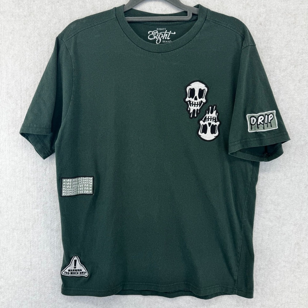 Eighty Eight Brand Mens Medium Green Graphic Patch Melting Skull Drip T-Shirt